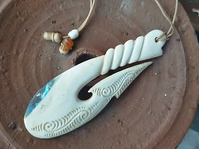 Maori Fish Hook Hei Matau Huge Pendant Hand Carved Bone Abalone New Zealand  • $120