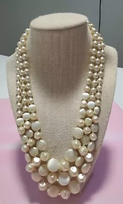 Vtg Unique Graduated Beige Faux Pearl & Beads 3 Strand Necklace Japan  18   • $16