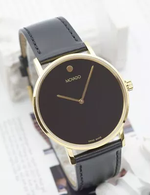 Brand New Movado Men Signature Yellow Gold Black Dial Leather Band Watch 0607591 • $359