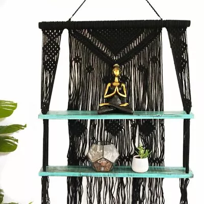 Hanging Shelf Macrame Black Wooden Floating Rope Wall Storage Shelf Turquoise • £79.05