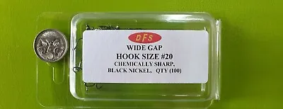 100 DFS Size #20 WIDE GAP FISHING HOOK Chemical Sharp Black Nickel Tackle • $13.90