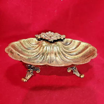 Vintage Hollywood Regency Rococo Gilt Ormolu Shell Footed Soap Trinket Bowl Dish • $19