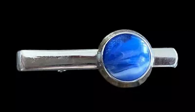 Vintage FOSTER TIE BAR CLIP CLASP STAY Silver Tone Chrome Round Blue Wave Disc • $12.99