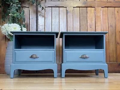 Vintage Pair Stag Minstrel Bedside Tables  Painted Blue Bedside Drawers • £375