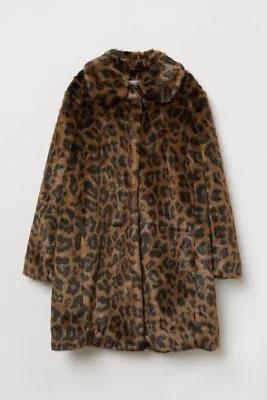 H & M Long Brown Leopard Animal Print Faux Fur Jacket Coat Women Sz 0 XS Cheetah • $49.95