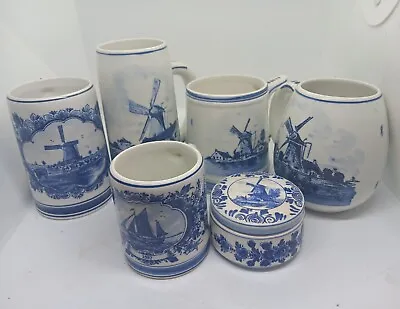 $19.99 • Buy 5 Delft Blue Holland Mugs Blue White Windmill Flowers + Ring Box