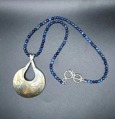 Taxco Sterling DDD Mexico Necklace Dominique Denouart Silver Lapis  Hammered Vtg • $89