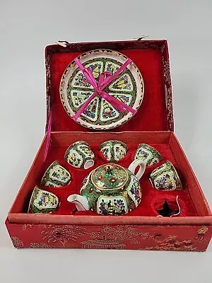 Vintage Chinese 9 Piece Miniature Tea Set In Red Silk Box • $24