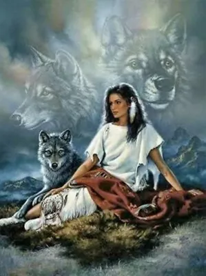 5D Diamond Painting Kit Full Round Drill Indian Girl Wolves 30X20 CM Craft DYI • $17.95