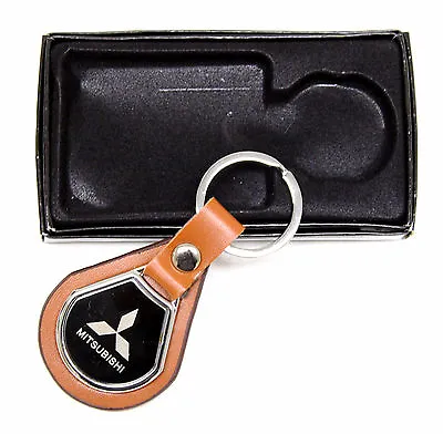 New Mitsubishi Keychain Round Metal Leather Badge Key Fob Keyring Car + Gift Box • $6.99