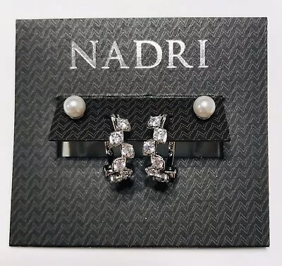 Nadri Freshwater Pearl Stud & Cz Hoop Pierced Silver Tone Earring Set Nwt • $23.99