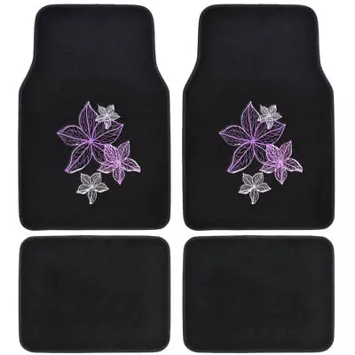 CarXS Black Heavy Duty Carpet Floor Mats W/ Beautiful Pink White Flowers 4pc • $29.95