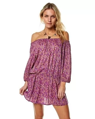 TIGERLILY Rasym Floral Dress Off Shoulder Cotton Summer Mini Size 10 Purple • $39