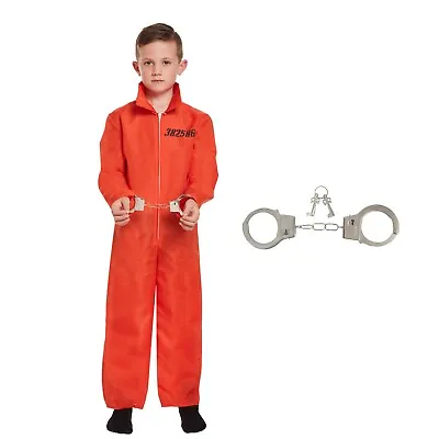 Kids Prisoner Suit Jumpsuit Costume Orange + Hand Cuffs Christmas Fancy Costume  • £9.44