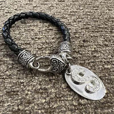 Brighton Bracelet Hearts Chunky Clasp Silver Tone Braided Black Leather Lovely! • $14