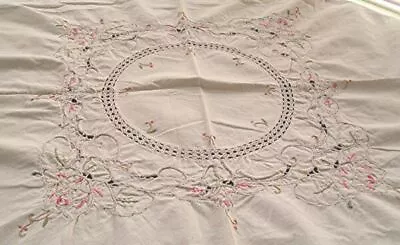 Vtg Floral Embroidered Cotton Tablecloth/topper 40  Square • $16.95