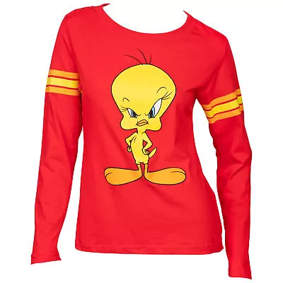 Looney Tunes Tweety Bird Frustration Face Juniors Long Sleeve T-Shirt Red • $15.99