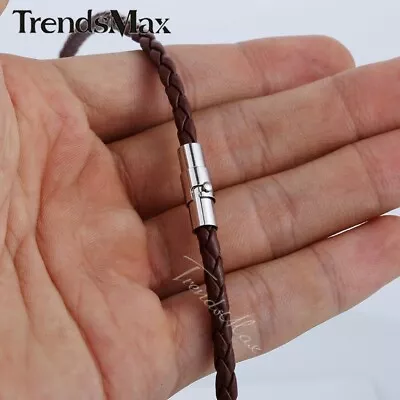 4mm 16-24  Men Brown Braided Cord Rope Man-made Leather Choker Necklace Magnetic • $8.99