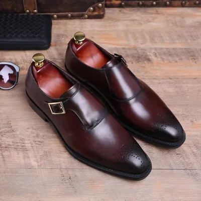 Cow Leater Buckle Carved Leather Shoes Men's Formal Business British Monk Shoes • $139.32