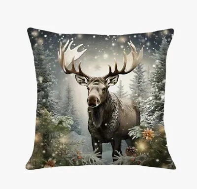 ELK MOOSE WINTER SCENE Christmas Throw Pillow Cover Winter Holiday Home Decor • $13.08