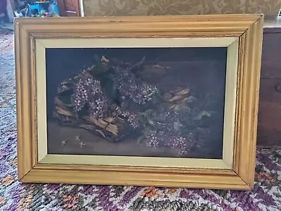 19th-CENTURY VICTORIAN ANTIQUE STILL LIFE LILAC FLOWERS OIL ON CANVAS PAINTING • £140