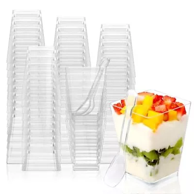 50 Pack 5 Oz Plastic Square Dessert Cups With Spoons Yogurt Parfait Cups App... • $19.68