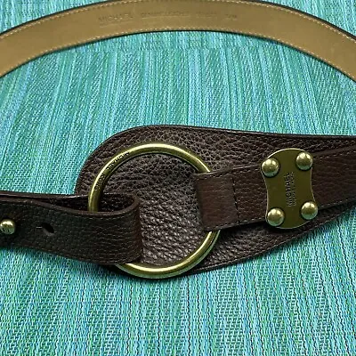 Michael Michael Kors Brown Pebbled Leather Belt S/M Gold Ring Buckle Wide Front • $24.99