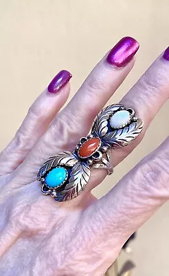 Wonderful Vintage Native American LARGE Sterling Silver Turquoise Coral Ring • $115