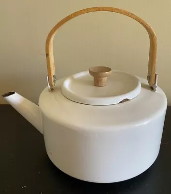 Vintage Plain White Metal Enamelware Tea Kettle Teapot Wood Handle Shabby Chic • $2.99