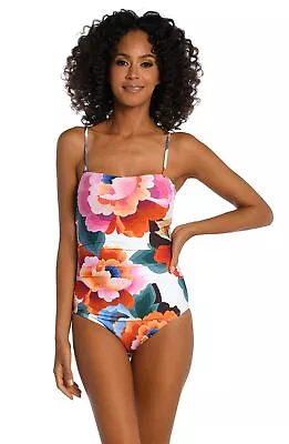 NWT La Blanca Women's Bandeau One Piece Swimsuit Multi/Floral Rhythm Size 14 • $54.99