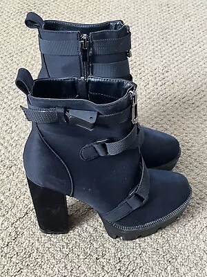 Womens Black Strappy Bootie Platforms Heels Combat Boot High Heels • $25