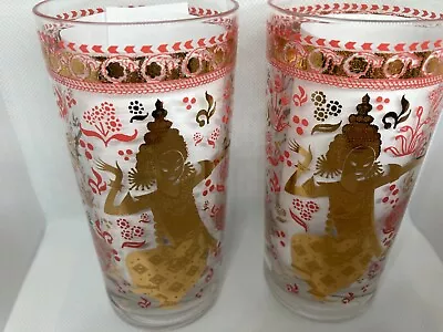 Cera Glass 22k Gold Thai Garden Dancer Highball Glasses 1960s Barware RARE MCM  • $59