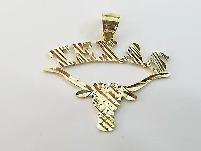 Mens 10k Yellow Gold Cow Longhorn Head Texas Charm Diamond Cut Pendant Real 10K • $168.81