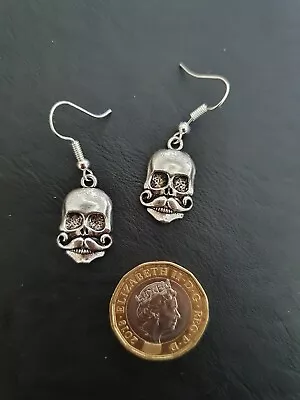 Ladies Silver Skeleton Skull Mustache Hook Earrings Gothic Charm Biker Punk • $5.53