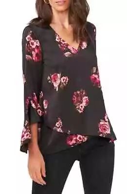 Vince Camuto Top Womens Large Black Floral Print V Neck Flutter 3/4 Sleeve Tunic • $24.29