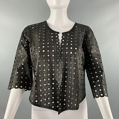MILLY Size M Black Perforated Lambskin 3/4 Sleeves Jacket  • $165