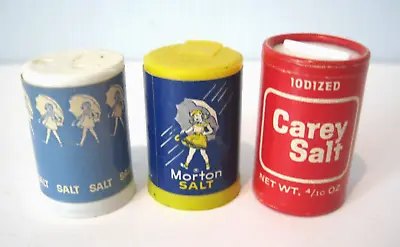 Vintage Mini Morton And Carey Salt Shakers Carboard And Plastic (Lot Of 3) • $15