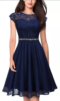 Crew Neck Lace Dress Women's Sleeveless Dress Navy Colour Size • £14.99