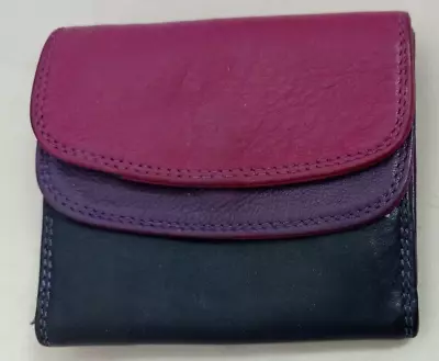 Tula Small Leather Folding Purse / Wallet - Navy Purple Pink - Coins Notes Cards • £9.99