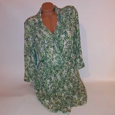 Cabi Dress Medium Wrap Green Leaves 3/4 Sleeve Collared Mini • $35.99