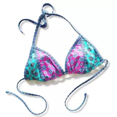 Hobie Boho Triangle Bikini Swim Top Large Crochet Trim Pink Blue • $8.83