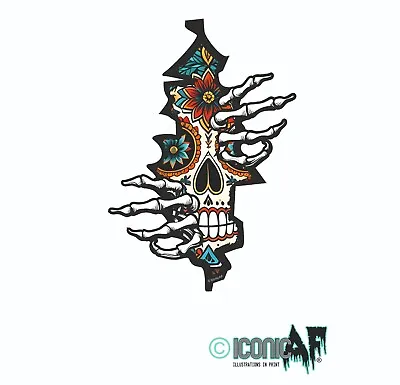 Mexican Sugar Skull Day Of Dead Hands Grab Ripped Torn Metal Gash Car Sticker • £2.69