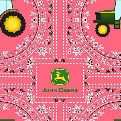 BTY John Deere Bandana Tractor Logo Patch Peachy Pink Cotton Fabric By The Yard • $8.95