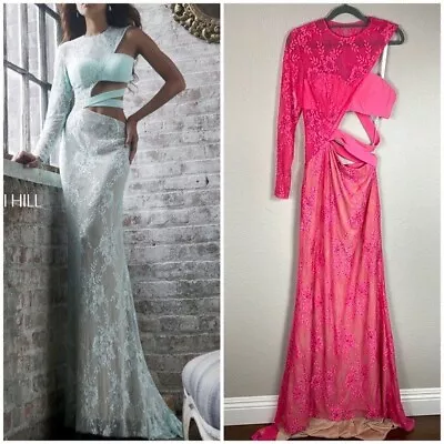 NWT Sherri Hill Pink Coral Floral Lace Maxi Dress Gown Side Cut Out Sz 6 • $275