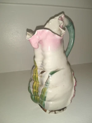 $25 • Buy Early BELLEEK?/ Majolica HAND PAINTED 7  PITCHER Shell HANDLE Cat Tails Marked 