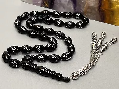 Rosary Mesbah Black Coral Yousori مسباح يسر بحر الأحمر طبيعي دق فضة • $75