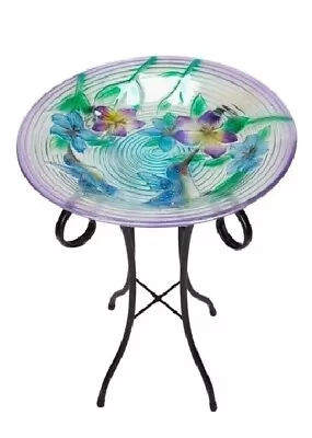 HUMMING BIRD DECORATIVE 18  Glass Bird Bath With Metal Stand -NEW- FREE SHIPPING • $48.99