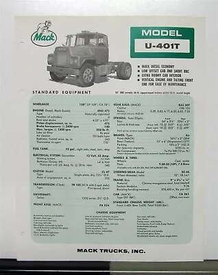 1967 Mack Truck Model U 401T Specification Sheet • $10.58