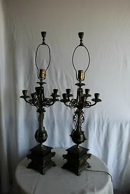 Majestic Pair Of French Pewter & Black Marble Candelabra Lamps • $2200