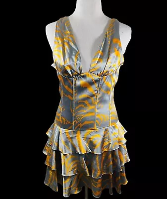 Marciano Silk Stretch Party Cocktail Straps Y2K Dress Gray Yellow Ruffles Small • $29.97